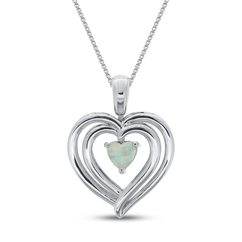 Lab-Created Opal & White Lab-Created Sapphire Heart Necklace Sterling Silver 18"