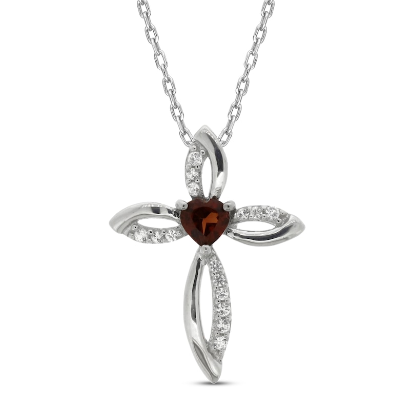 Main Image 1 of Garnet & White Lab-Created Sapphire Cross Necklace Sterling Silver 18"