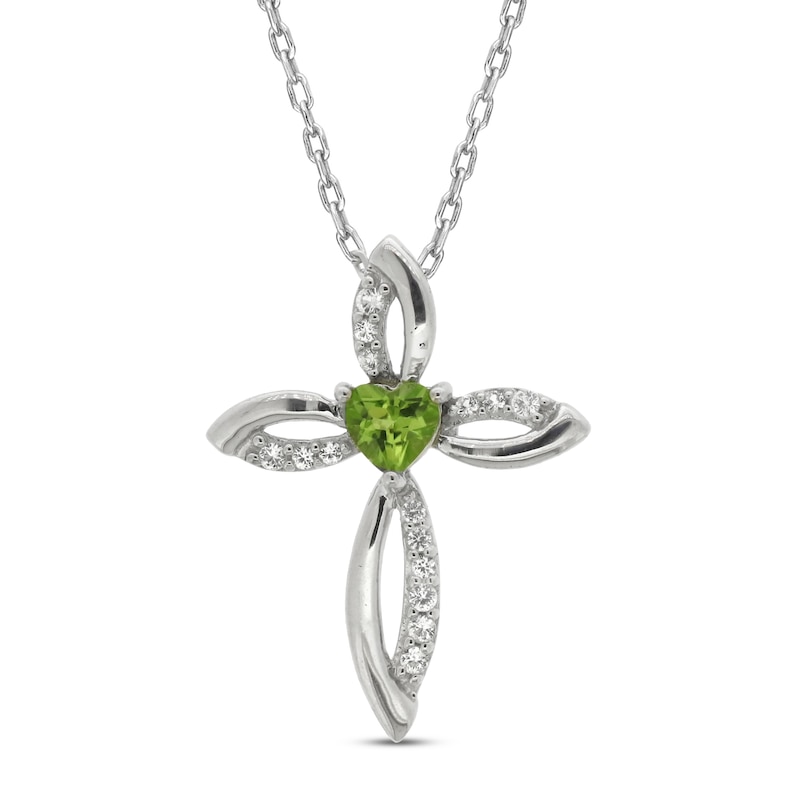 Main Image 1 of Peridot & White Lab-Created Sapphire Cross Necklace Sterling Silver 18&quot;