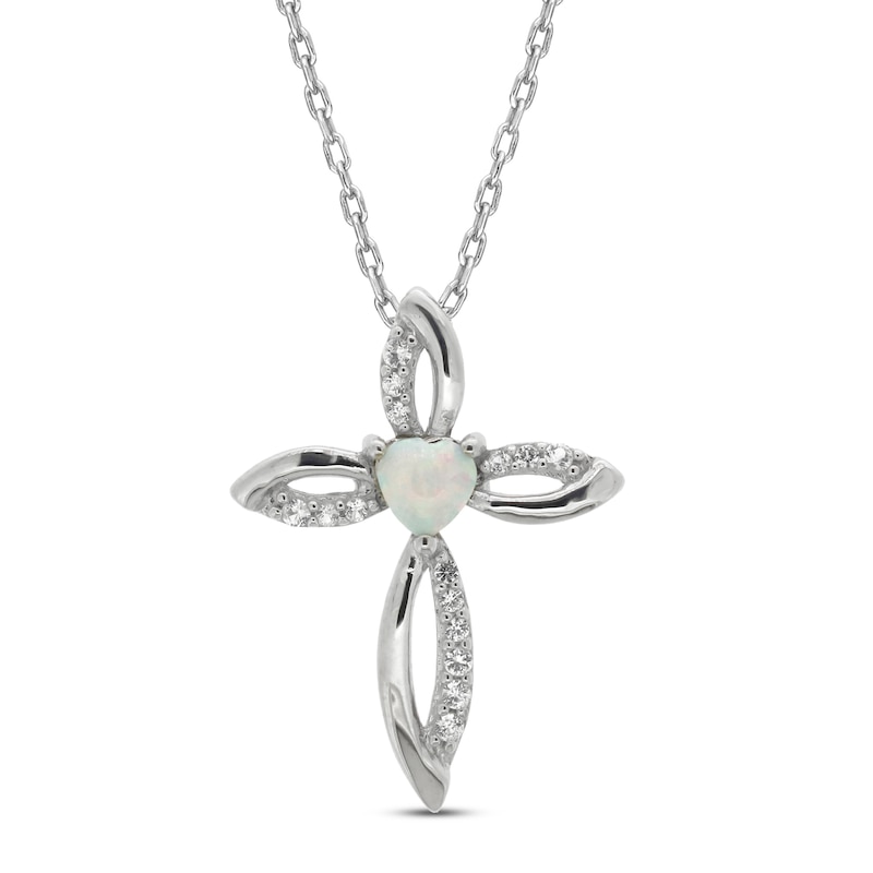 Main Image 1 of Lab-Created Opal & White Lab-Created Sapphire Cross Necklace Sterling Silver 18&quot;