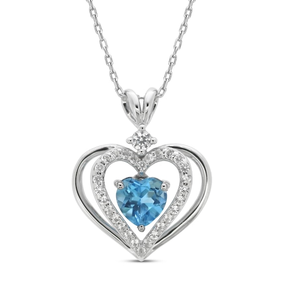 18 Chain 3 Stone Sapphire and Diamond Open Heart Pendant Necklace in Sterling Silver 
