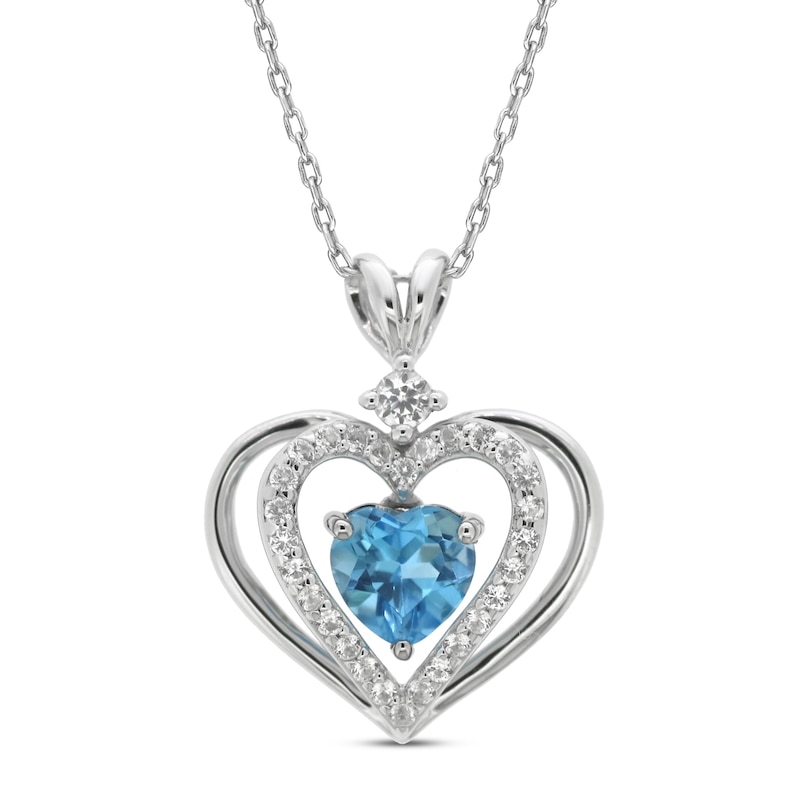 Blue Topaz & White Lab-Created Sapphire Heart Necklace Sterling Silver 18"