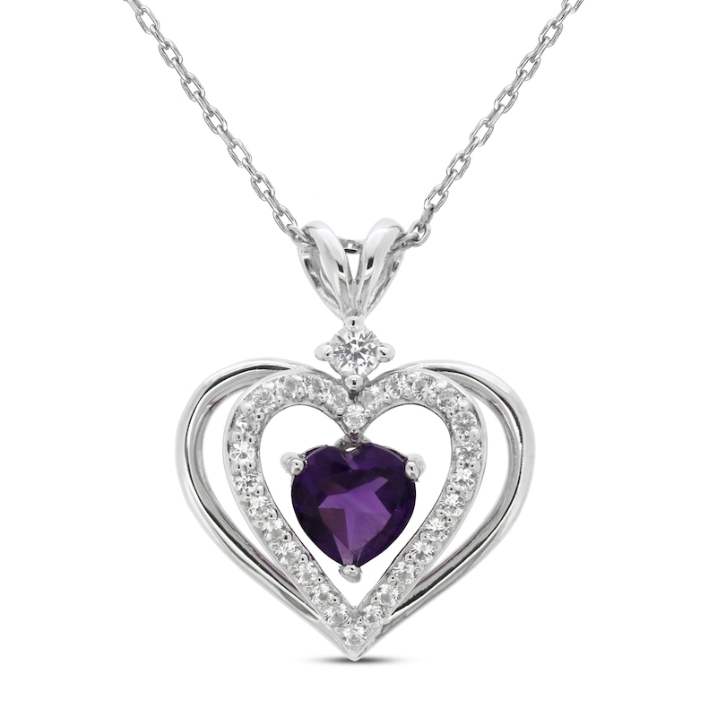 Amethyst & White Lab-Created Sapphire Heart Necklace Sterling Silver 18"