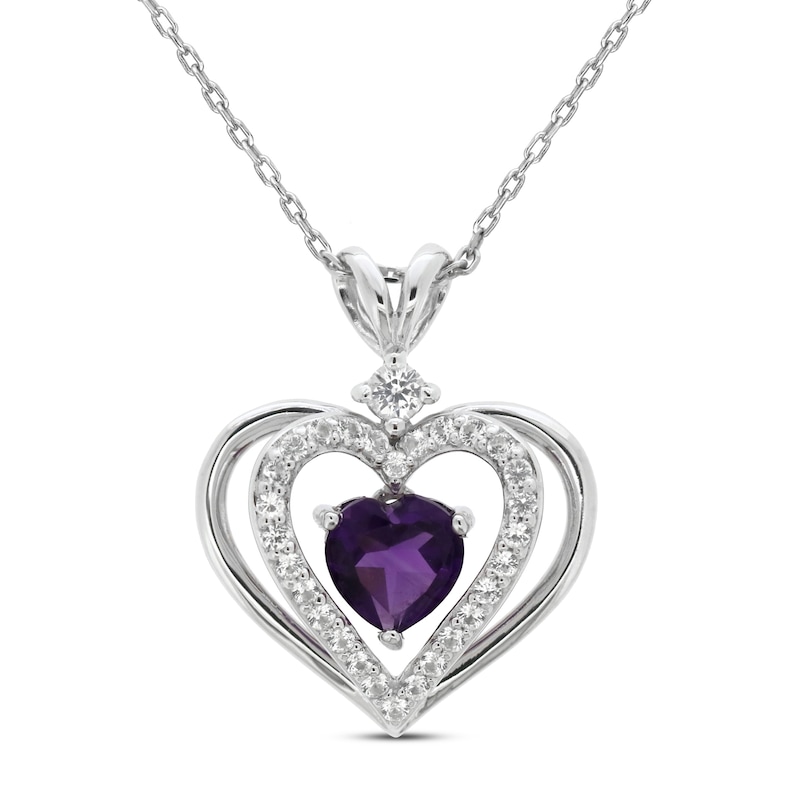 Main Image 1 of Amethyst & White Lab-Created Sapphire Heart Necklace Sterling Silver 18&quot;