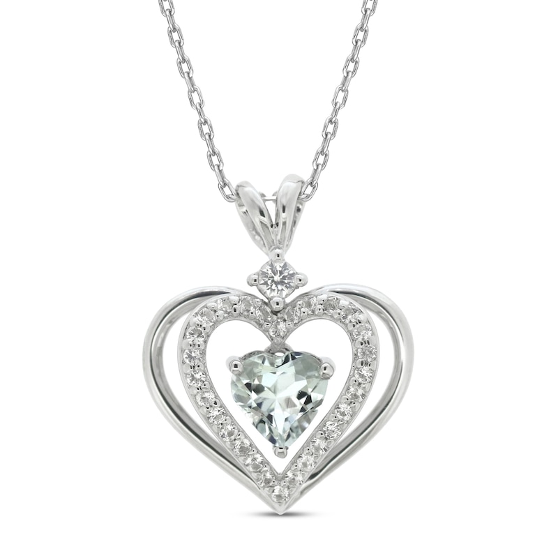 Main Image 1 of Aquamarine & White Lab-Created Sapphire Heart Necklace Sterling Silver 18&quot;