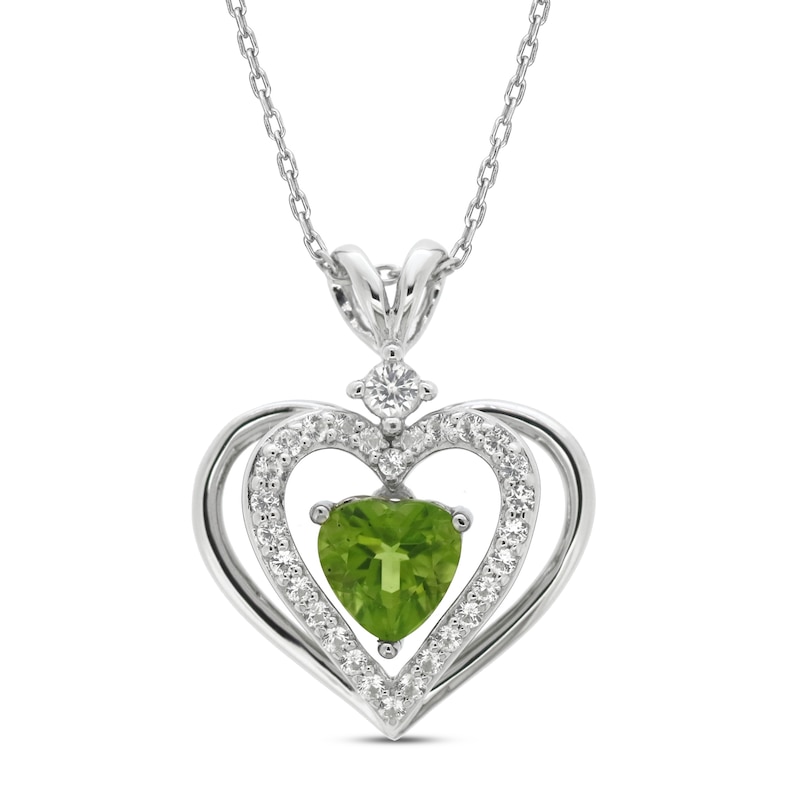 Main Image 1 of Peridot & White Lab-Created Sapphire Heart Necklace Sterling Silver 18&quot;