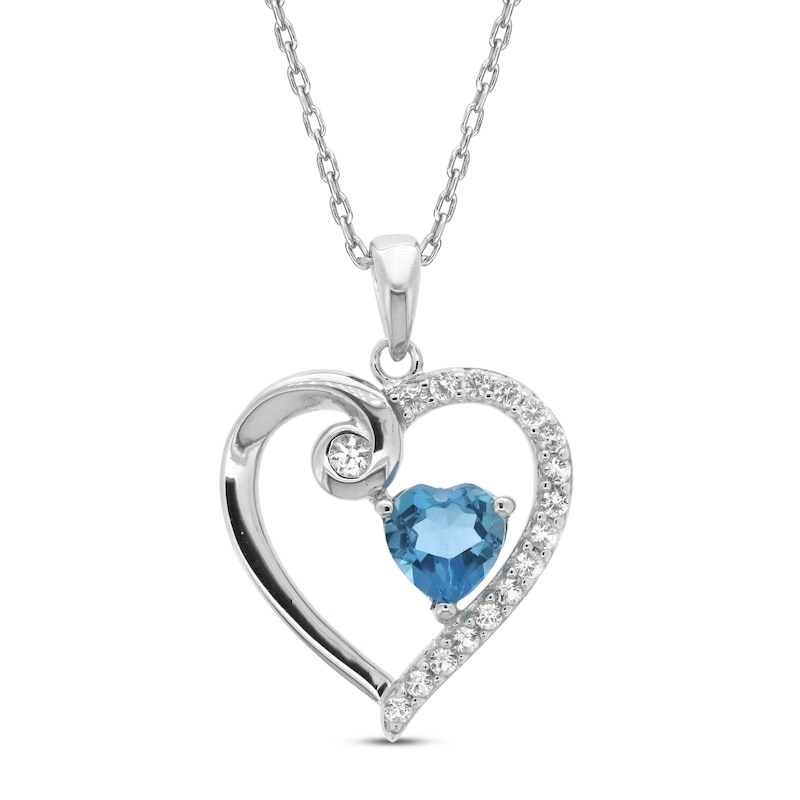 Blue Topaz & White Lab-Created Sapphire Heart Necklace Sterling Silver 18"