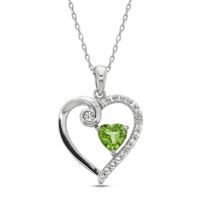 Main Image 1 of Peridot & White Lab-Created Sapphire Heart Necklace Sterling Silver 18&quot;