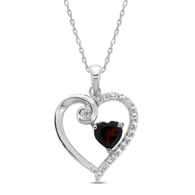 Main Image 1 of Garnet & White Lab-Created Sapphire Heart Necklace Sterling Silver 18&quot;