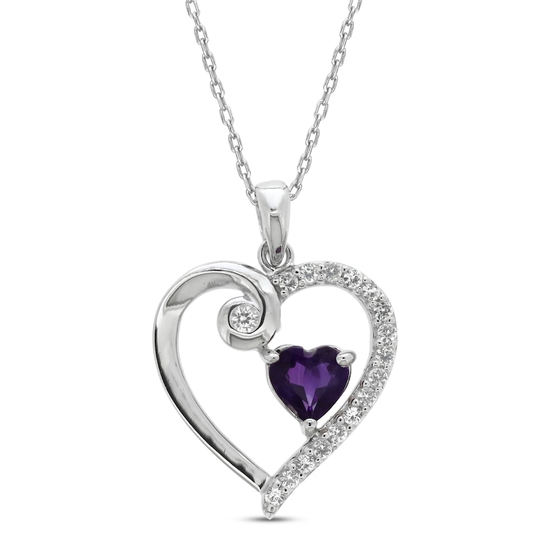 Main Image 1 of Amethyst & White Lab-Created Sapphire Heart Necklace Sterling Silver 18&quot;