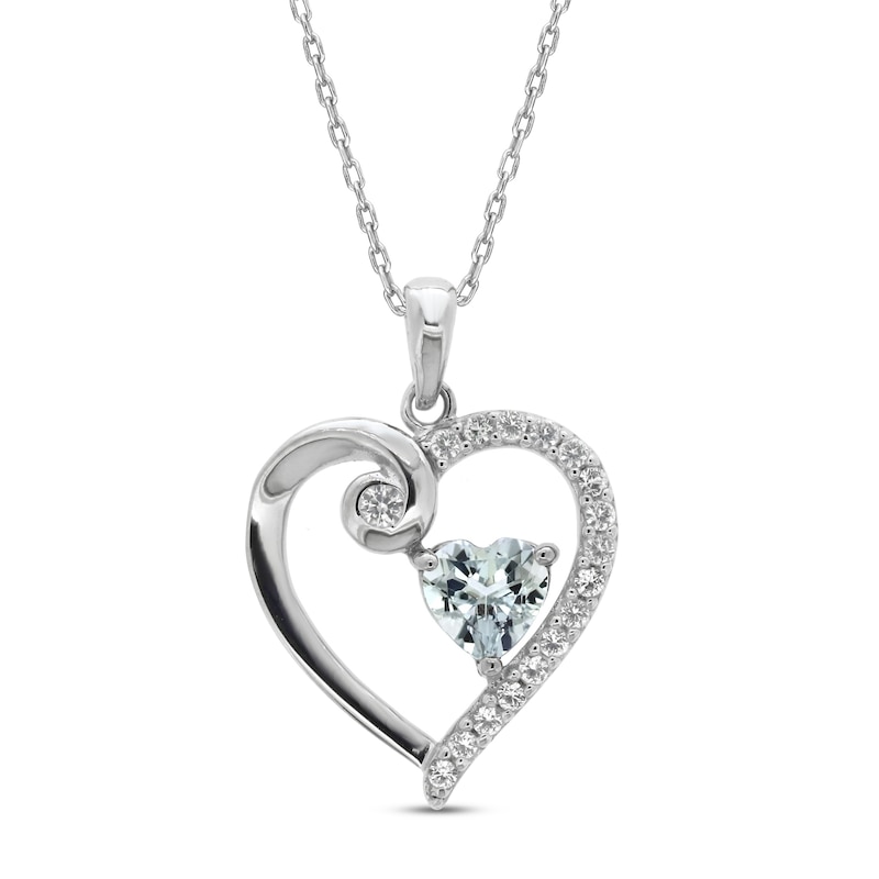 Aquamarine & White Lab-Created Sapphire Heart Necklace Sterling Silver 18"