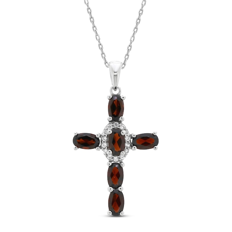 Main Image 1 of Garnet & White Lab-Created Sapphire Cross Necklace Sterling Silver 18&quot;