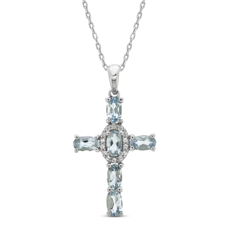 Aquamarine & White Lab-Created Sapphire Cross Necklace Sterling Silver 18"
