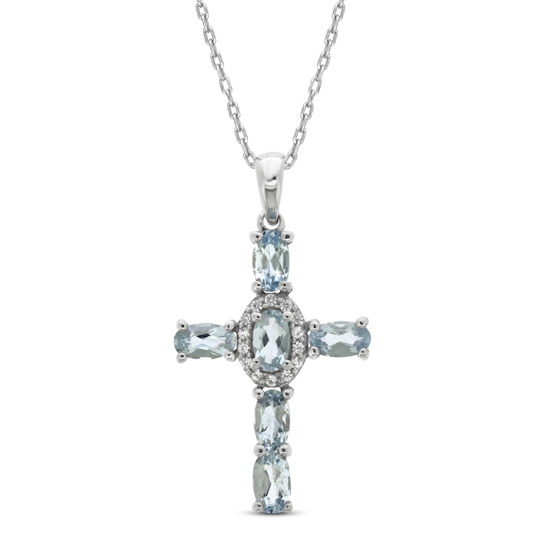 Main Image 1 of Aquamarine & White Lab-Created Sapphire Cross Necklace Sterling Silver 18&quot;