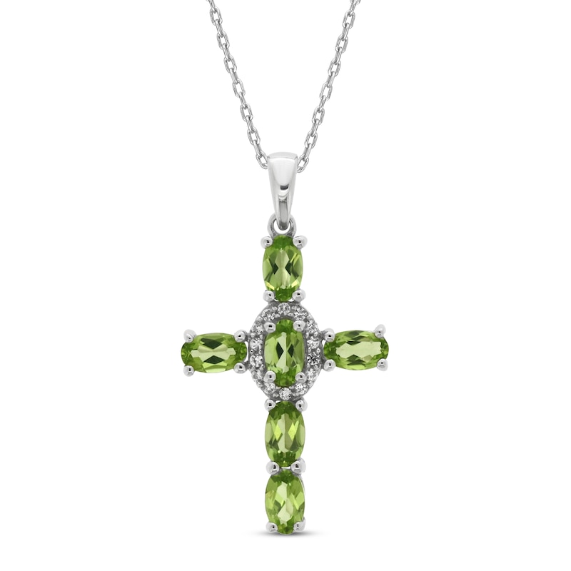 Main Image 1 of Peridot & White Lab-Created Sapphire Cross Necklace Sterling Silver 18&quot;