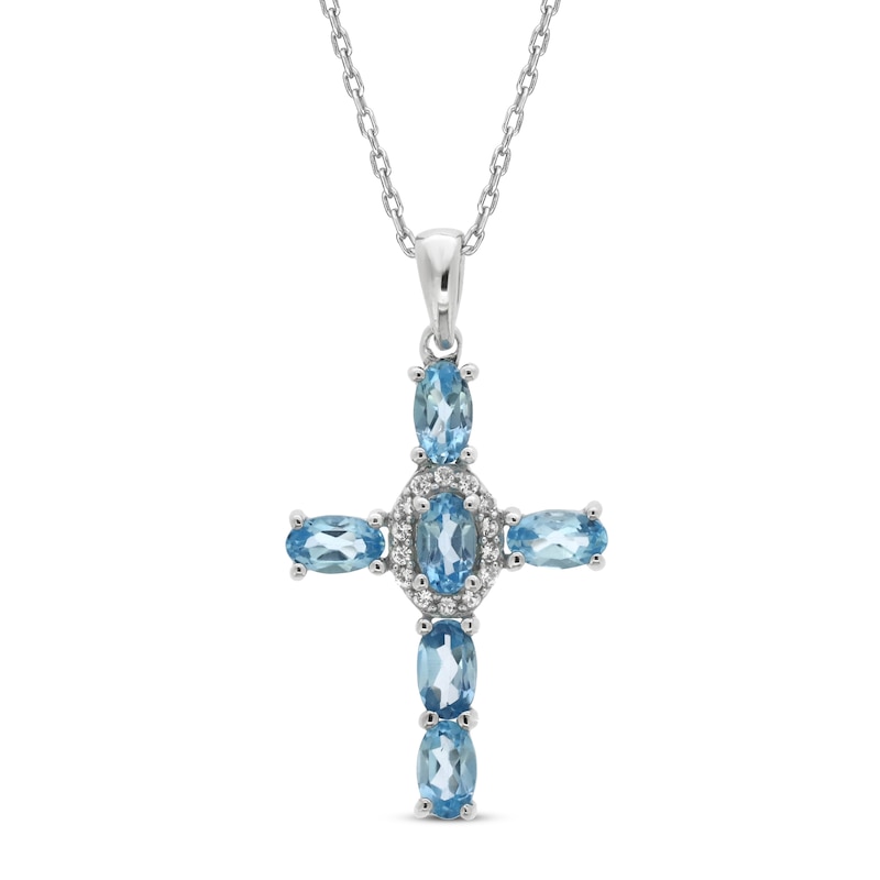 Main Image 1 of Blue Topaz & White Lab-Created Sapphire Cross Necklace Sterling Silver 18&quot;
