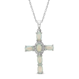 Lab-Created Opal & White Lab-Created Sapphire Cross Necklace Sterling Silver 18"