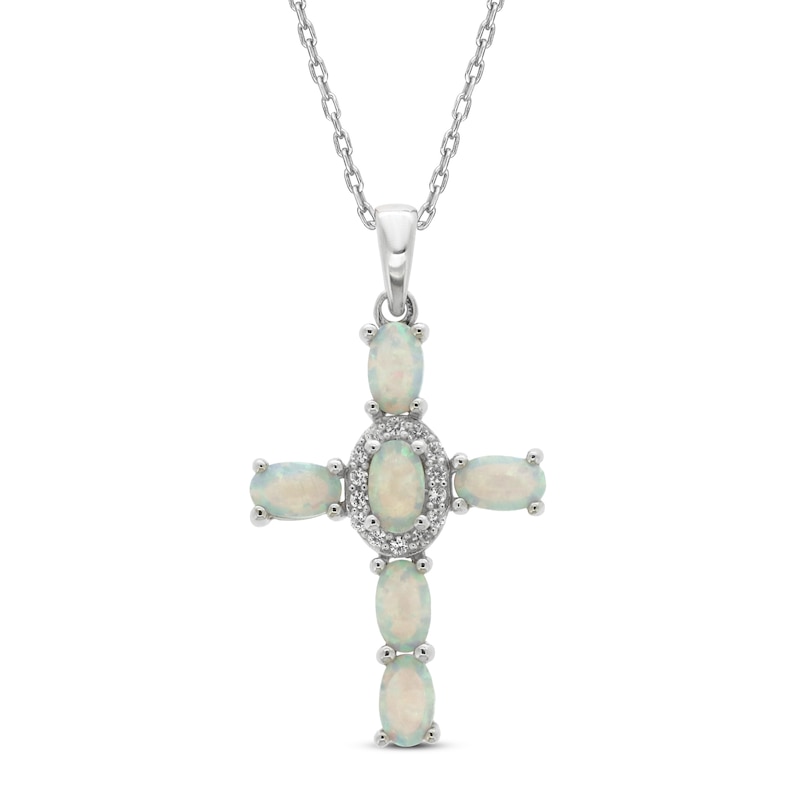 Main Image 1 of Lab-Created Opal & White Lab-Created Sapphire Cross Necklace Sterling Silver 18&quot;