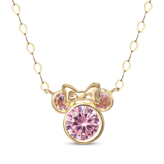 Children's Minnie Mouse Pink Cubic Zirconia Necklace 14K Yellow Gold 13"