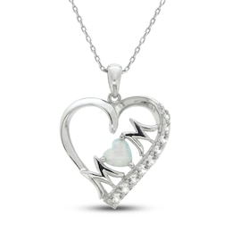 Lab-Created Opal & White Lab-Created Sapphire 'Mom' Heart Necklace Sterling Silver 18&quot;