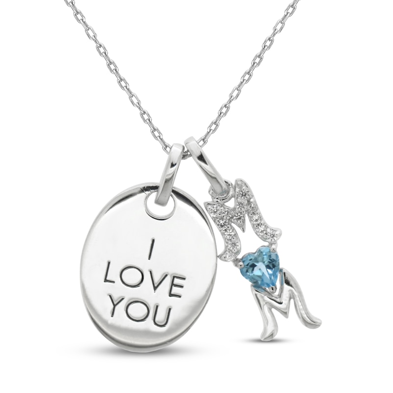 Main Image 1 of Swiss Blue Topaz & White Lab-Created Sapphire 'I Love You Mom' Necklace Sterling Silver 18&quot;