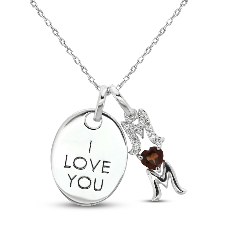 Garnet & White Lab-Created Sapphire 'I Love You Mom' Necklace Sterling Silver 18"