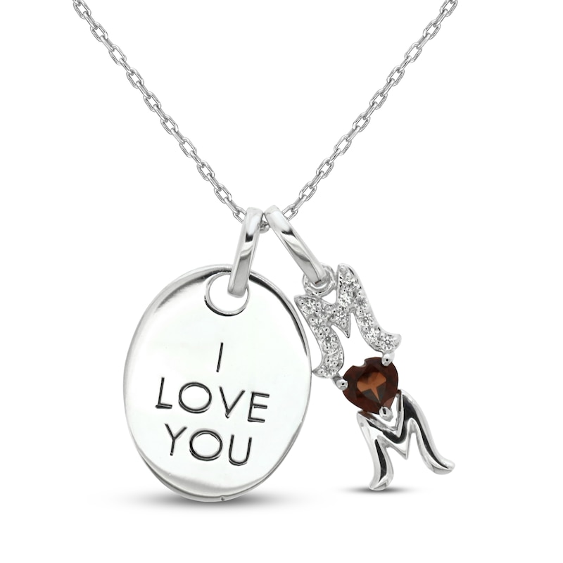 Main Image 1 of Garnet & White Lab-Created Sapphire 'I Love You Mom' Necklace Sterling Silver 18&quot;