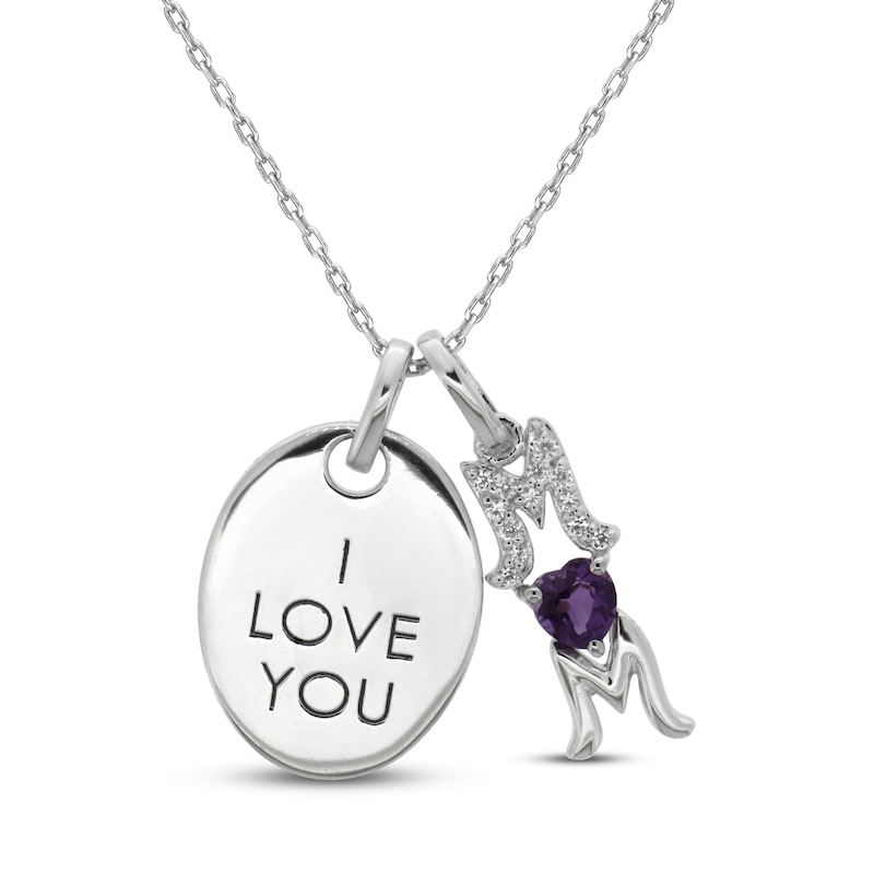 Amethyst & White Lab-Created Sapphire 'I Love You Mom' Necklace Sterling Silver 18"