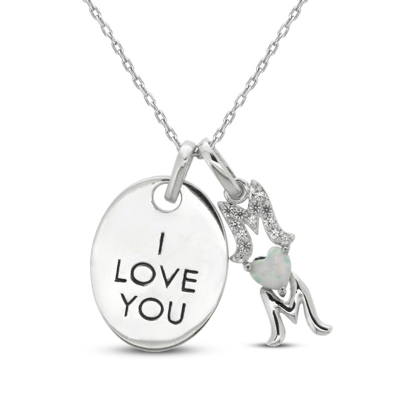 Main Image 1 of Lab-Created Opal & White Lab-Created Sapphire 'I Love You Mom' Necklace Sterling Silver 18&quot;