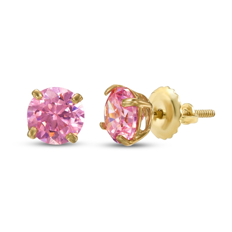 14K Yellow Gold Pink/Purple CZ Crown Screw Back Earrings For Girls