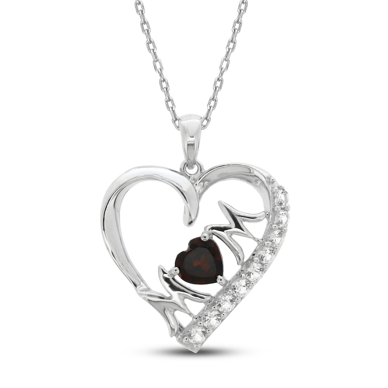 Main Image 1 of Garnet & White Lab-Created Sapphire 'Mom' Heart Necklace Sterling Silver 18"
