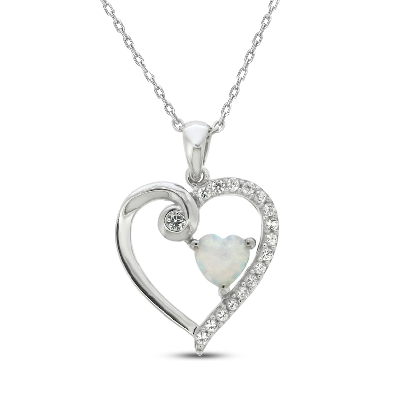 Lab-Created Opal & White Lab-Created Sapphire Heart Necklace Sterling ...