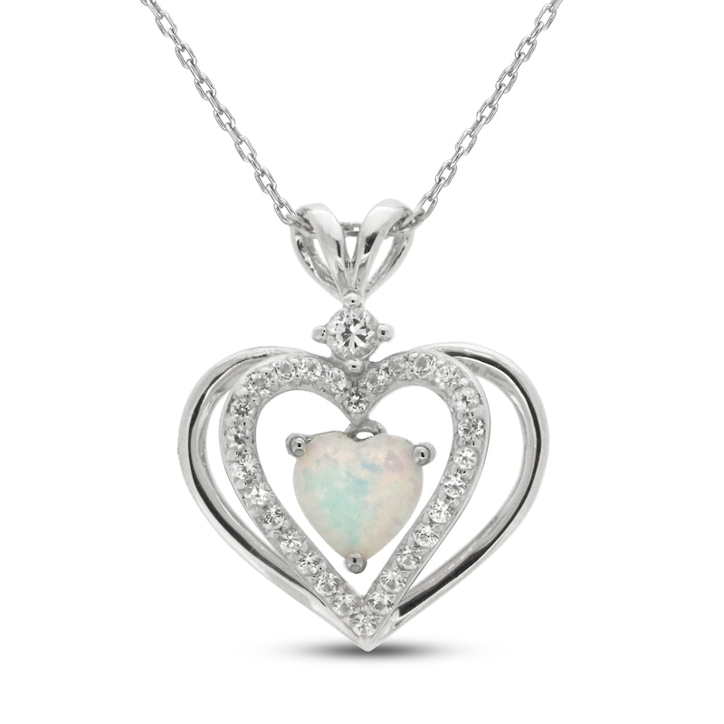 Main Image 1 of Lab-Created Opal & White Lab-Created Sapphire Heart Necklace Sterling Silver 18&quot;