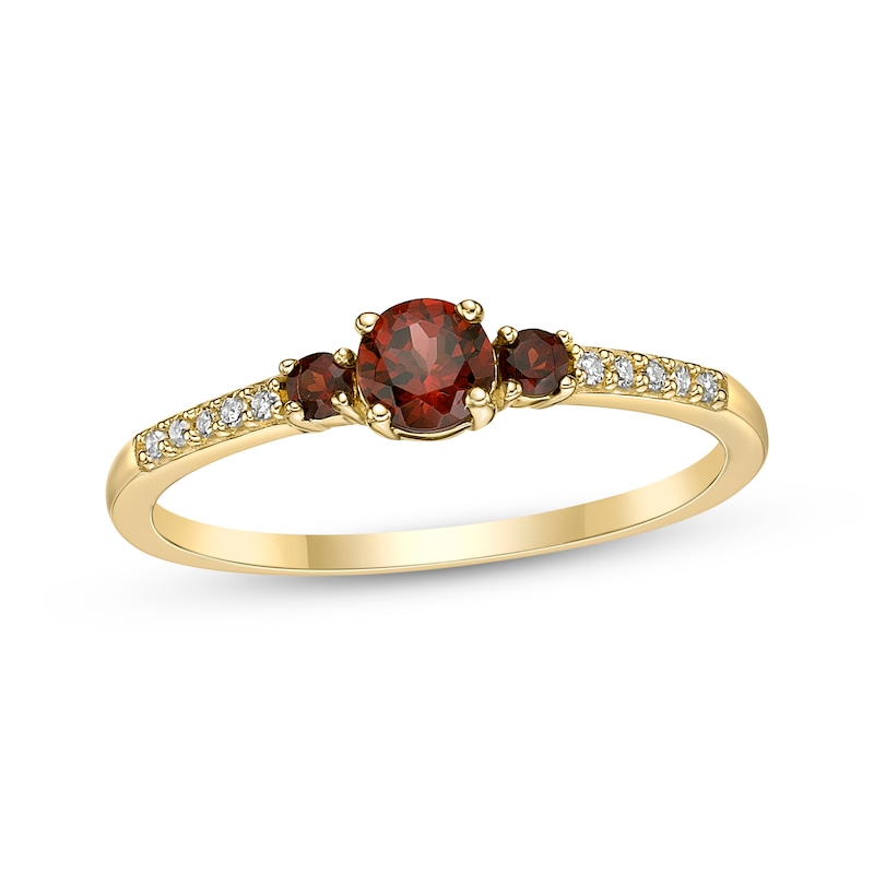 Main Image 1 of Garnet & 1/20 ct tw Diamond 3-Stone Ring 10K Yellow Gold