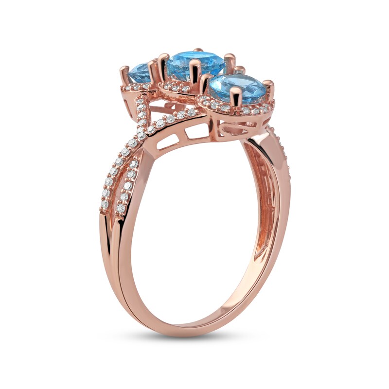 Swiss Blue Topaz & Diamond 3-Stone Ring 1/5 ct tw 10K Rose Gold