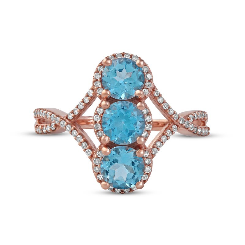 Swiss Blue Topaz & Diamond 3-Stone Ring 1/5 ct tw 10K Rose Gold
