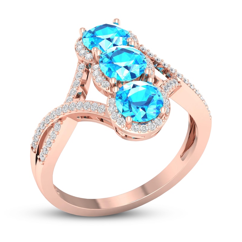 Swiss Blue Topaz & Diamond 3-Stone Ring 1/5 ct tw 10K Rose Gold