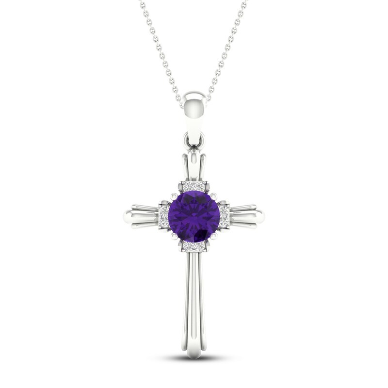 Amethyst & Diamond Cross Necklace 10K White Gold 18"