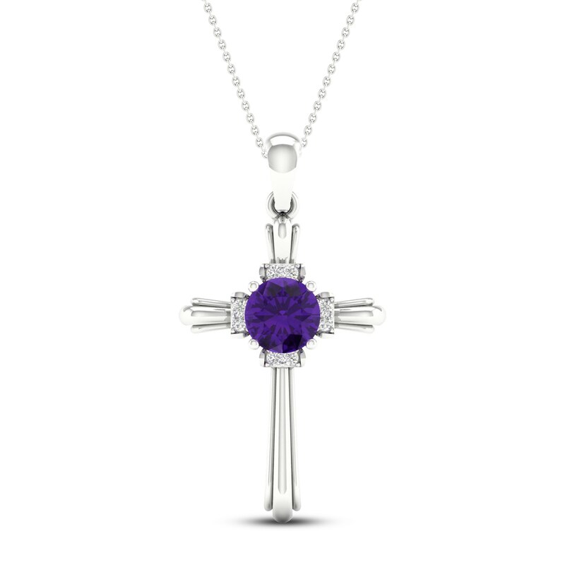 Amethyst & Diamond Cross Necklace 10K White Gold 18"