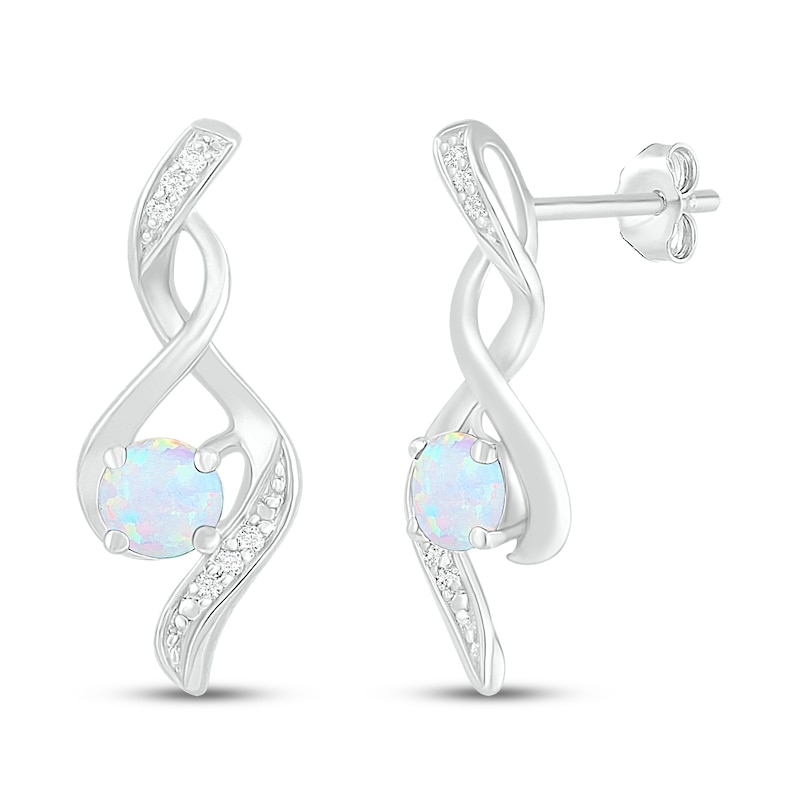 Main Image 1 of Lab-Created Opal & Diamond Earrings 1/20 ct tw 10K White Gold
