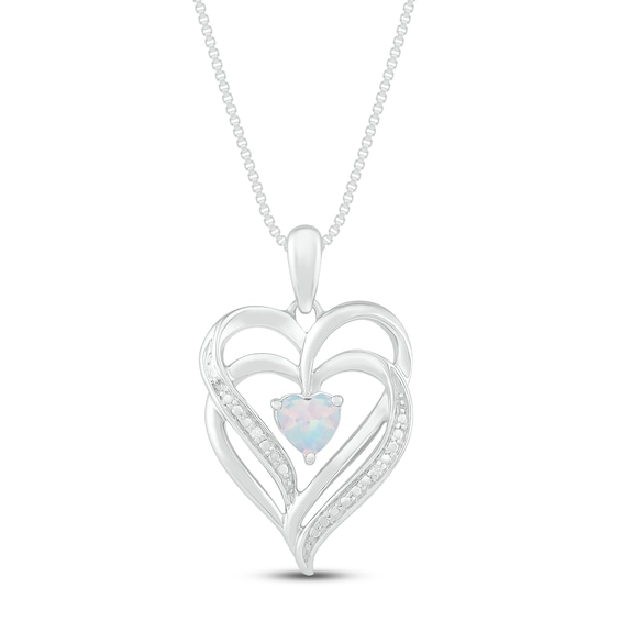 Lab-Created Opal & Diamond Heart Necklace Sterling Silver 18"