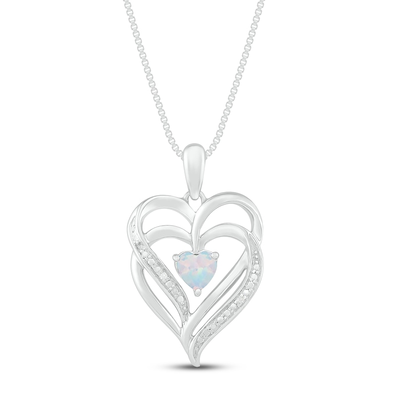 Main Image 1 of Lab-Created Opal & Diamond Heart Necklace Sterling Silver 18&quot;