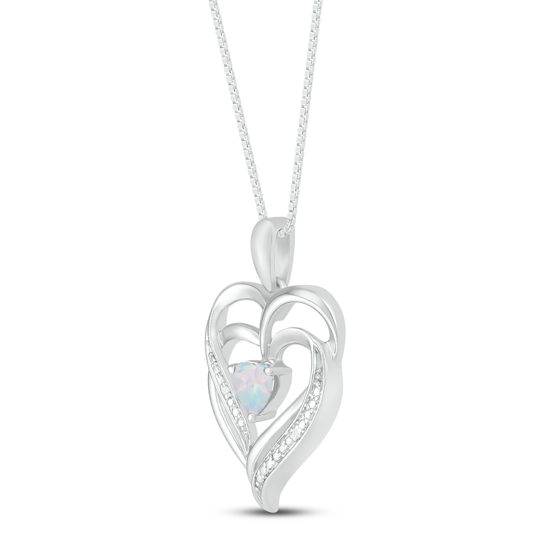 Main Image 2 of Lab-Created Opal & Diamond Heart Necklace Sterling Silver 18&quot;