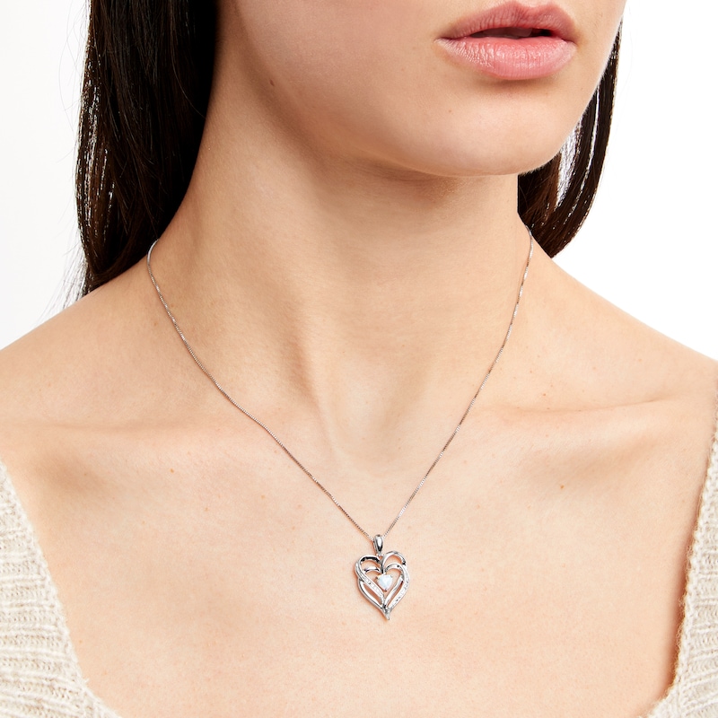 Main Image 3 of Lab-Created Opal & Diamond Heart Necklace Sterling Silver 18&quot;