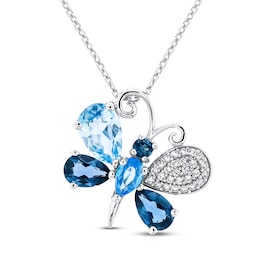 Swiss Blue Topaz/London Blue Topaz/Sky Blue Topaz/White Lab-Created Sapphire Butterfly Necklace Sterling Silver 18"