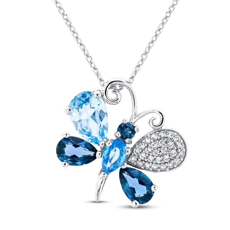Main Image 1 of Swiss Blue Topaz/London Blue Topaz/Sky Blue Topaz/White Lab-Created Sapphire Butterfly Necklace Sterling Silver 18&quot;
