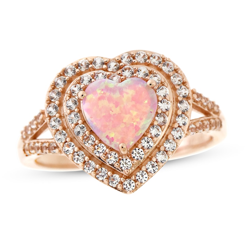 Main Image 1 of Pink Lab-Created Opal & White Lab-Created Sapphire Heart Ring 10K Rose Gold