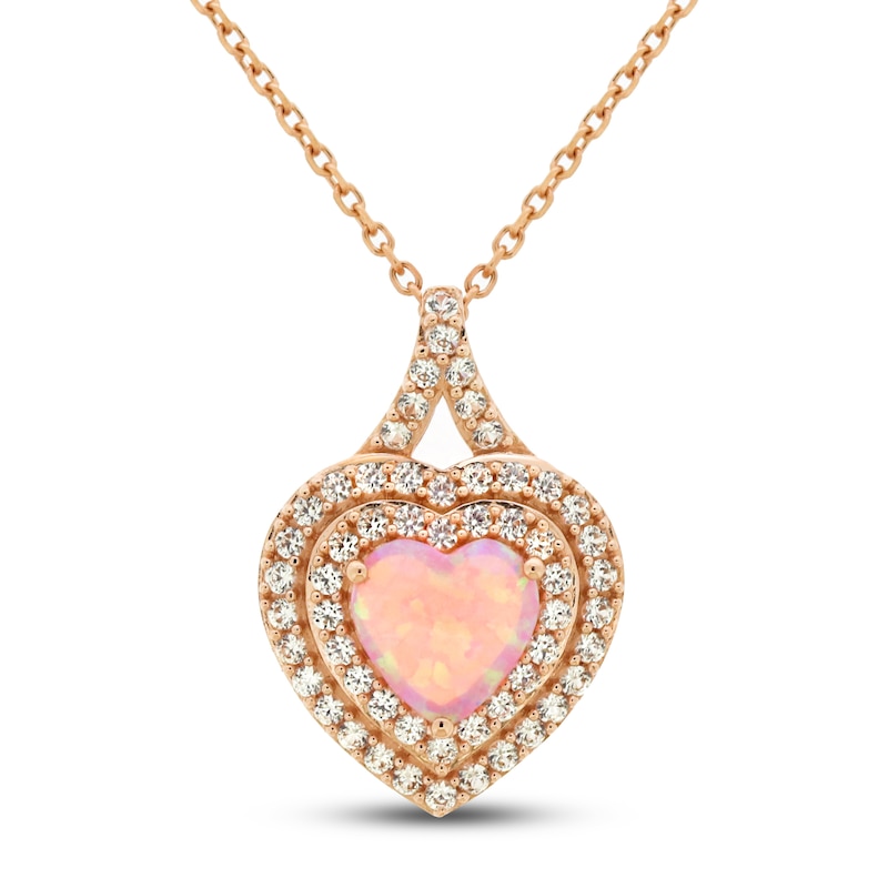 Main Image 1 of Pink Lab-Created Opal & White Lab-Created Sapphire Heart Necklace 10K Rose Gold 18&quot;