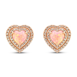 Pink Lab-Created Opal & White Lab-Created Sapphire Heart Earrings 10K Rose Gold