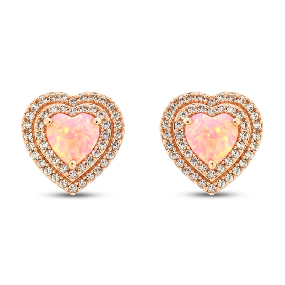 Pink Lab-Created Opal & White Lab-Created Sapphire Heart Earrings 10K Rose Gold